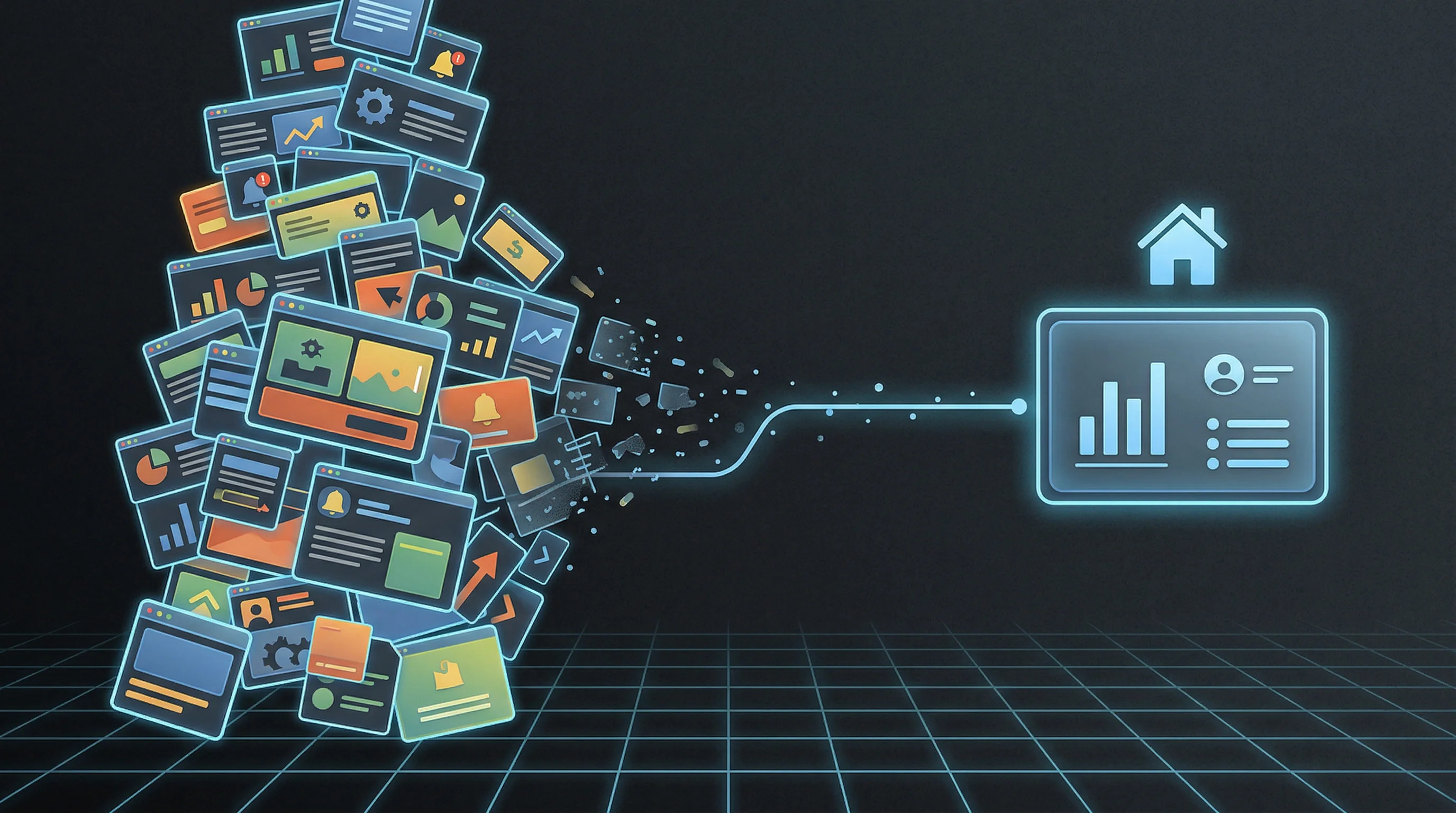 Illustration of a cluttered stack of app windows flowing into one glowing dashboard with a house icon—many SaaS tools consolidated into a self-hosted system.