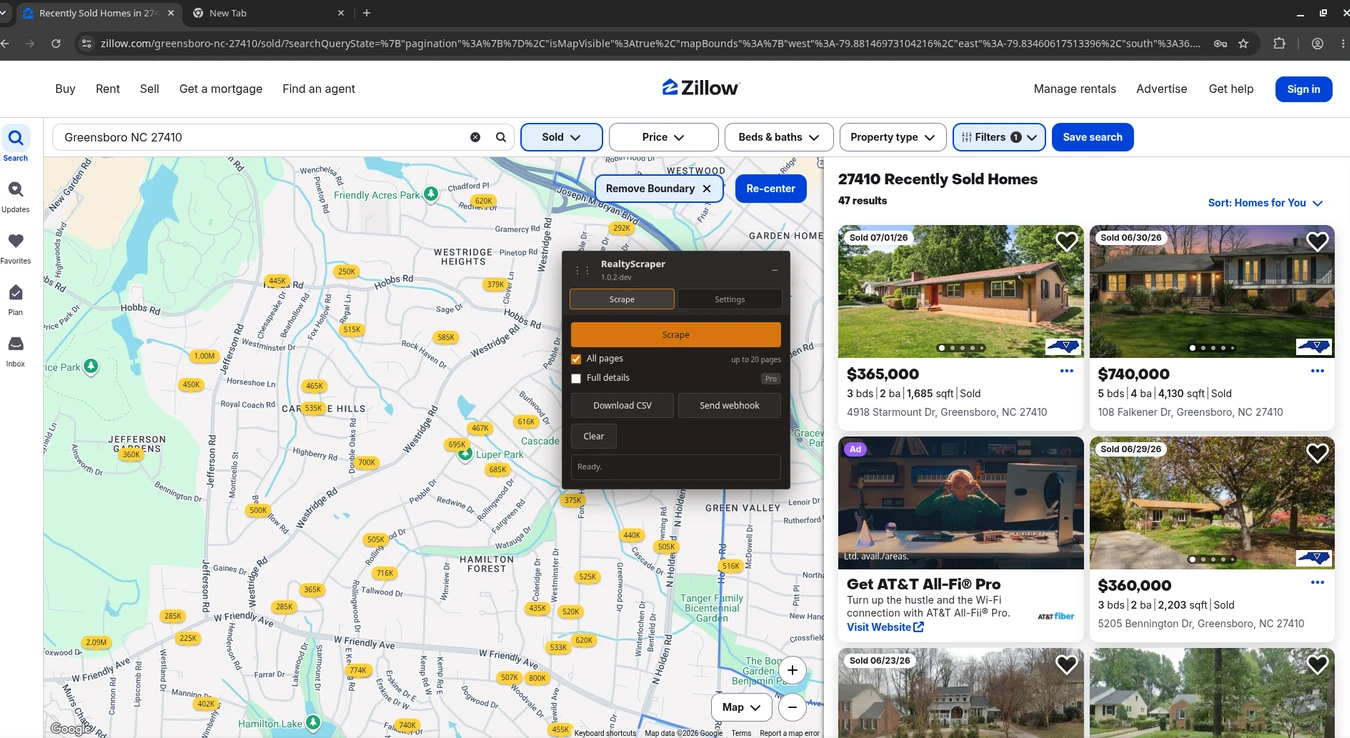 Realty Scraper extension panel on a Zillow search page with scrape controls and webhook send