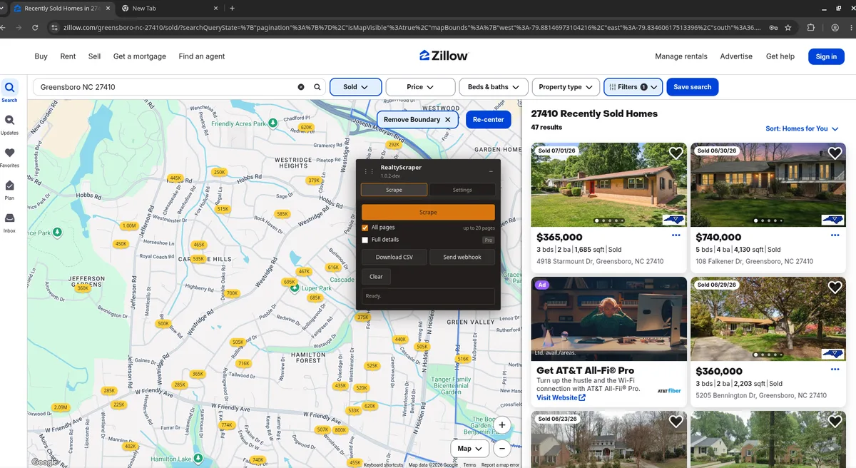 Realty Scraper extension panel on a Zillow search page with scrape controls and webhook send