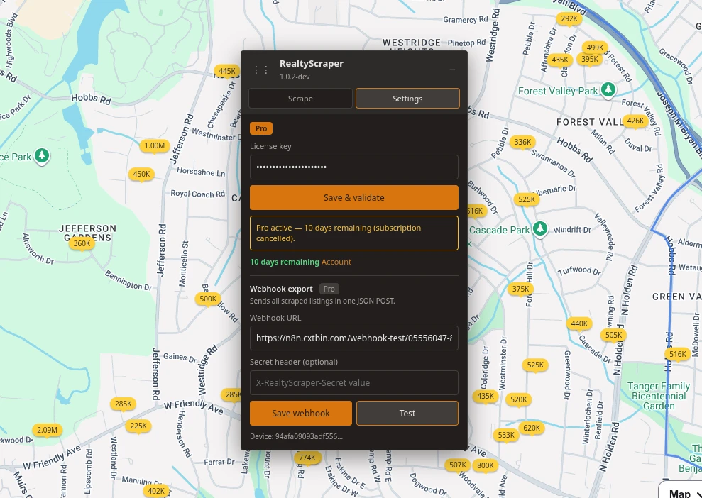 Realty Scraper settings tab with webhook URL, optional secret, save, and test controls