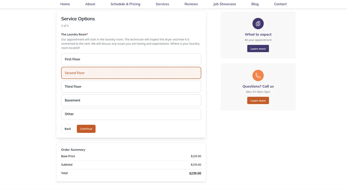 Serenity booking flow asking for zip code before showing availability