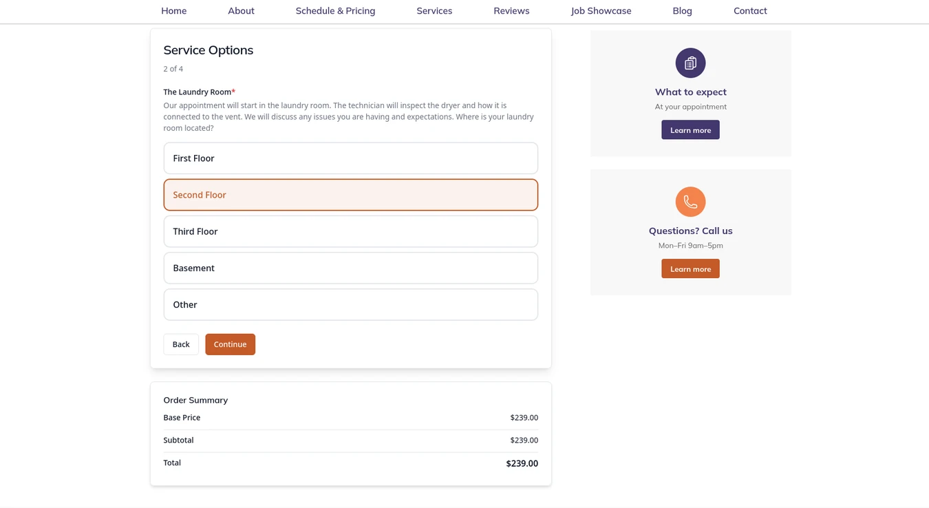 Serenity booking flow asking for zip code before showing availability