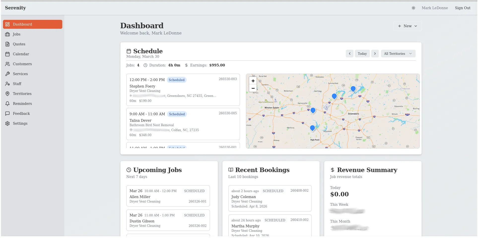Crop of the Serenity scheduling dashboard (booking UI, no customer data)