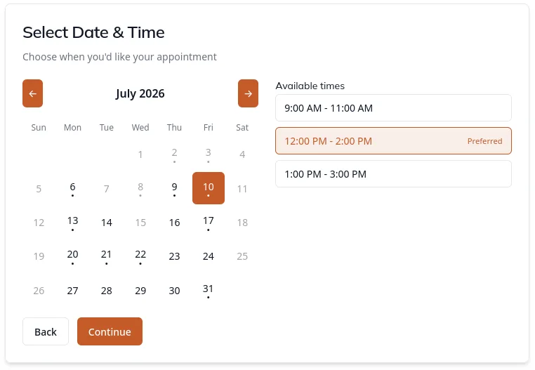 Serenity booking calendar showing available dates shaped by territory and route density