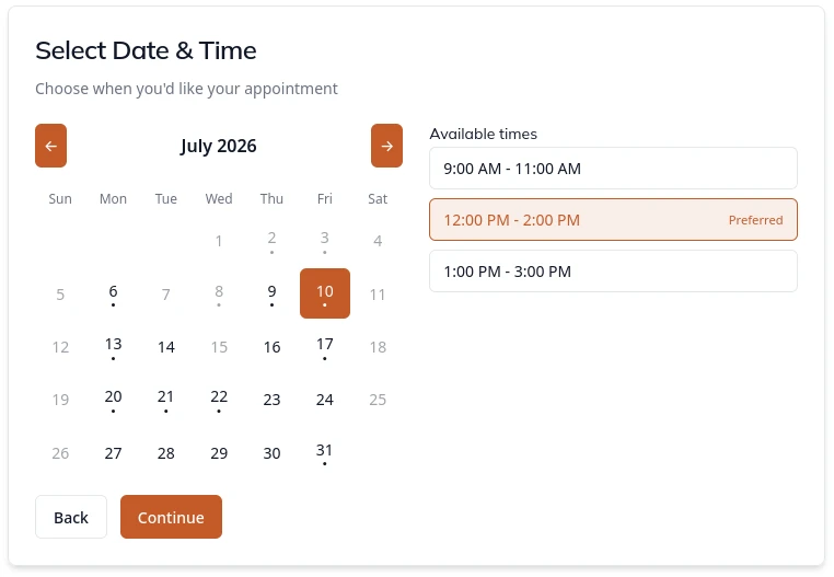 Serenity booking calendar showing available dates shaped by territory and route density
