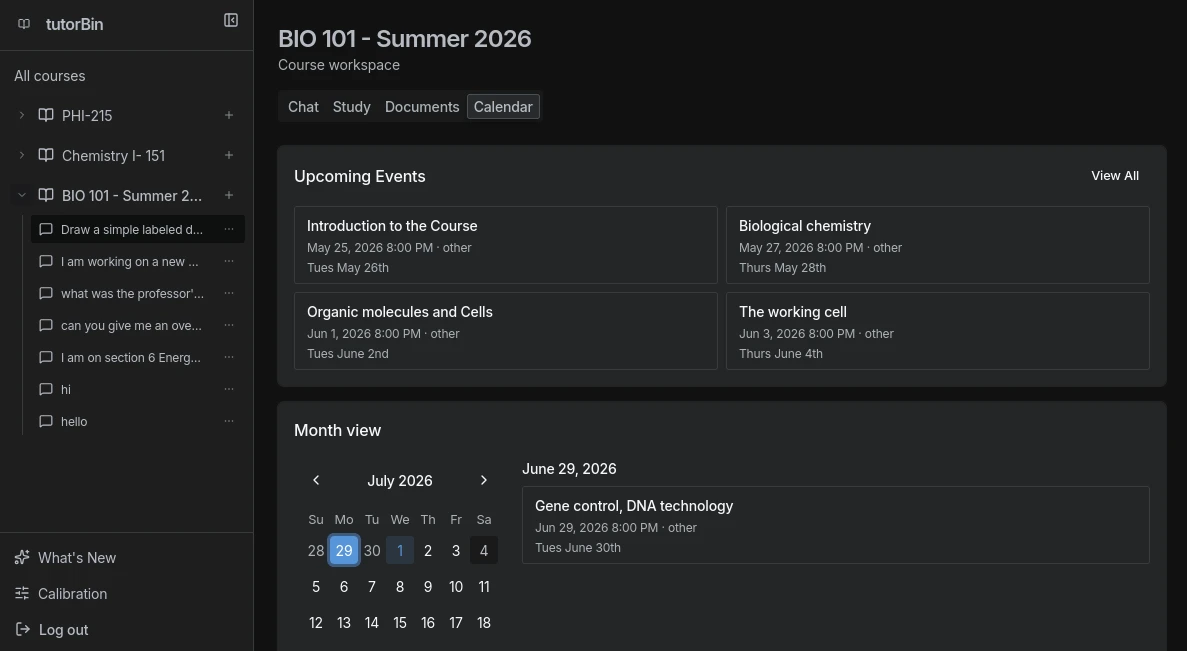 Tutorbin calendar view with syllabus-derived events