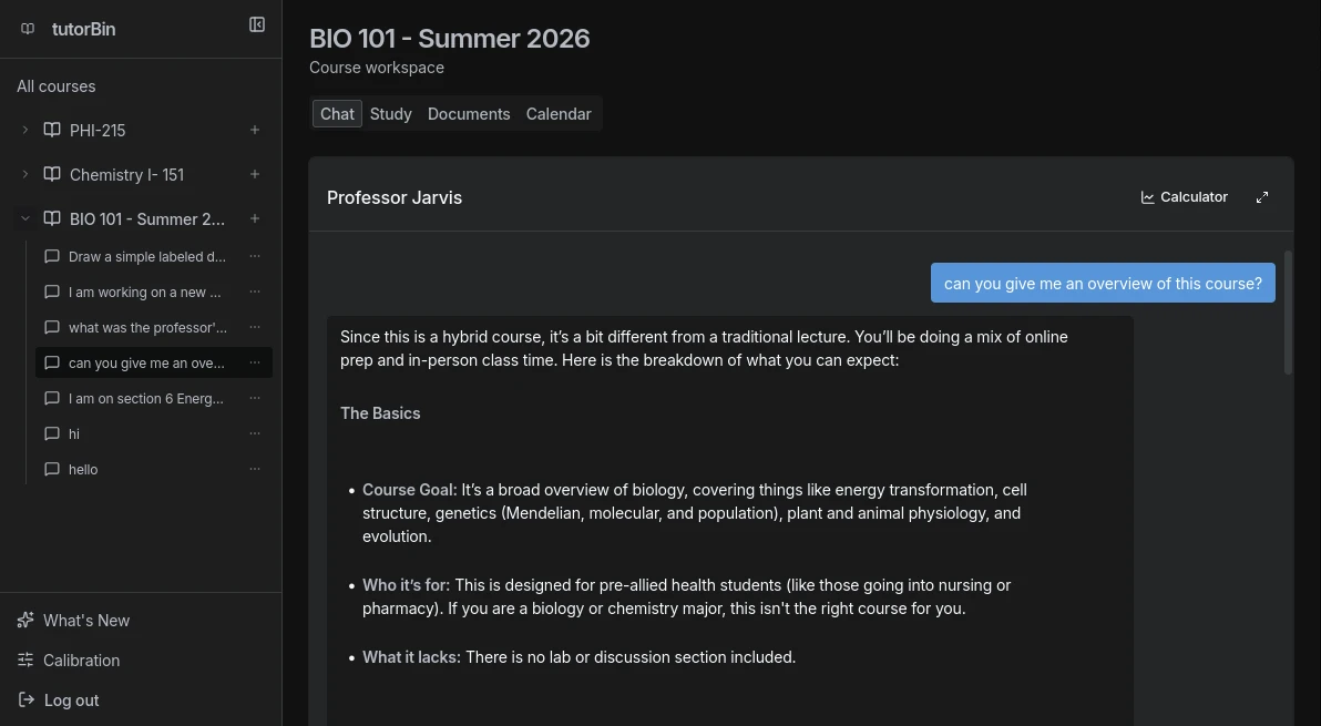 Tutorbin chat reply with course material context in the conversation