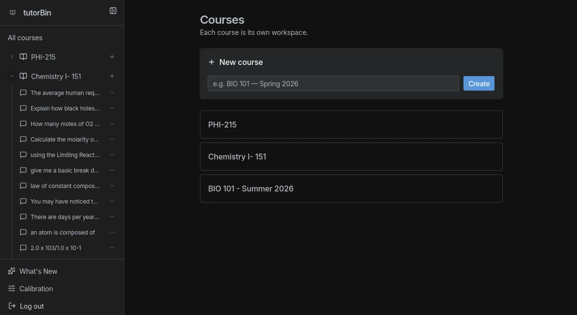 Tutorbin course workspace with sidebar chat list and active thread