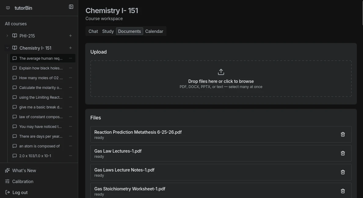Tutorbin documents tab showing uploaded files and ingestion status
