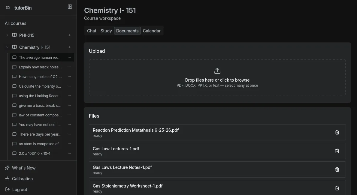 Tutorbin documents tab showing uploaded files and ingestion status