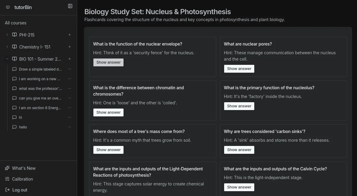 Tutorbin generated study aid with quiz questions from course content