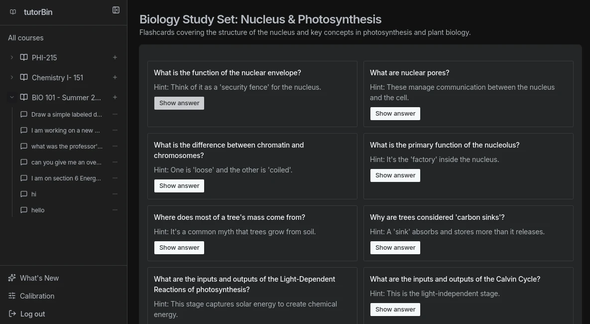 Tutorbin generated study aid with quiz questions from course content