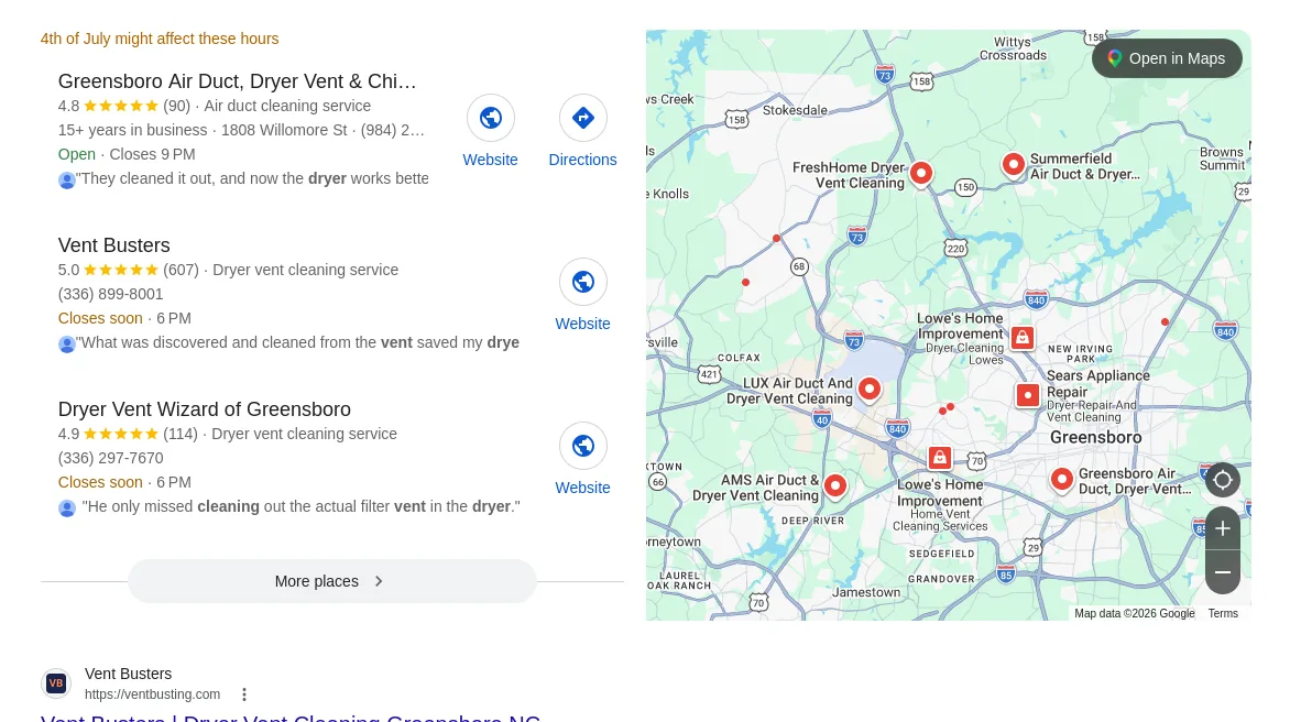 Google local map pack results for dryer vent cleaning near Greensboro