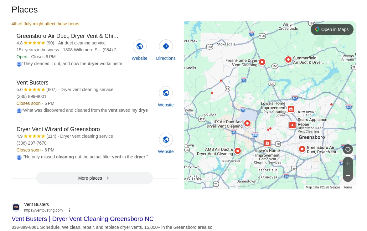 Google local map pack results for dryer vent cleaning near Greensboro