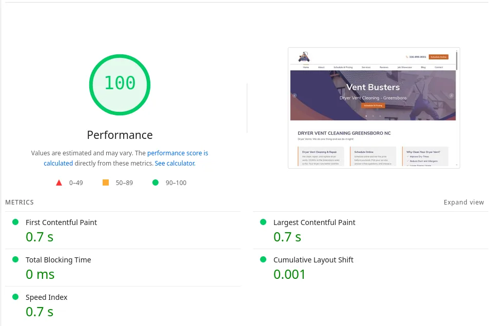 PageSpeed Insights report showing strong performance scores after the Astro migration